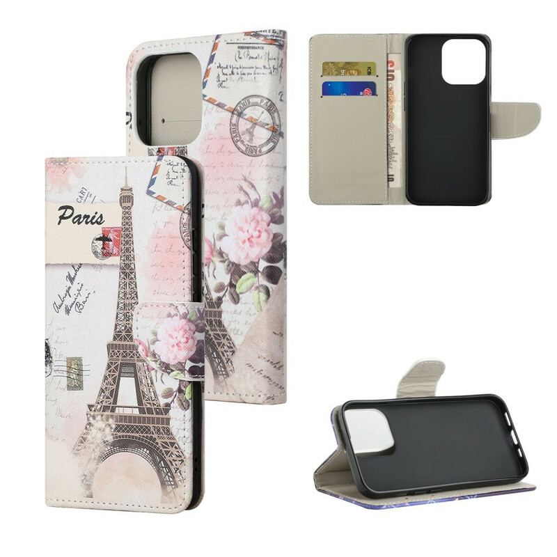 Capa De Couro Para iPhone 13 Pro Max Torre Eiffel Retrô