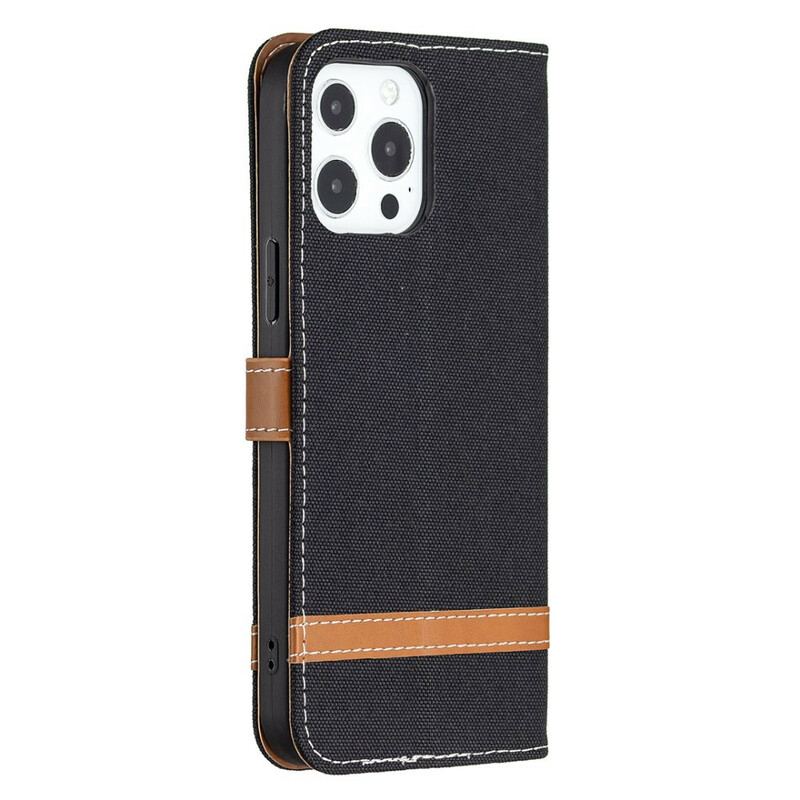 Capa Em Pele Para iPhone 13 Pro Max De Cordão Correia Efeito Tecido E Couro