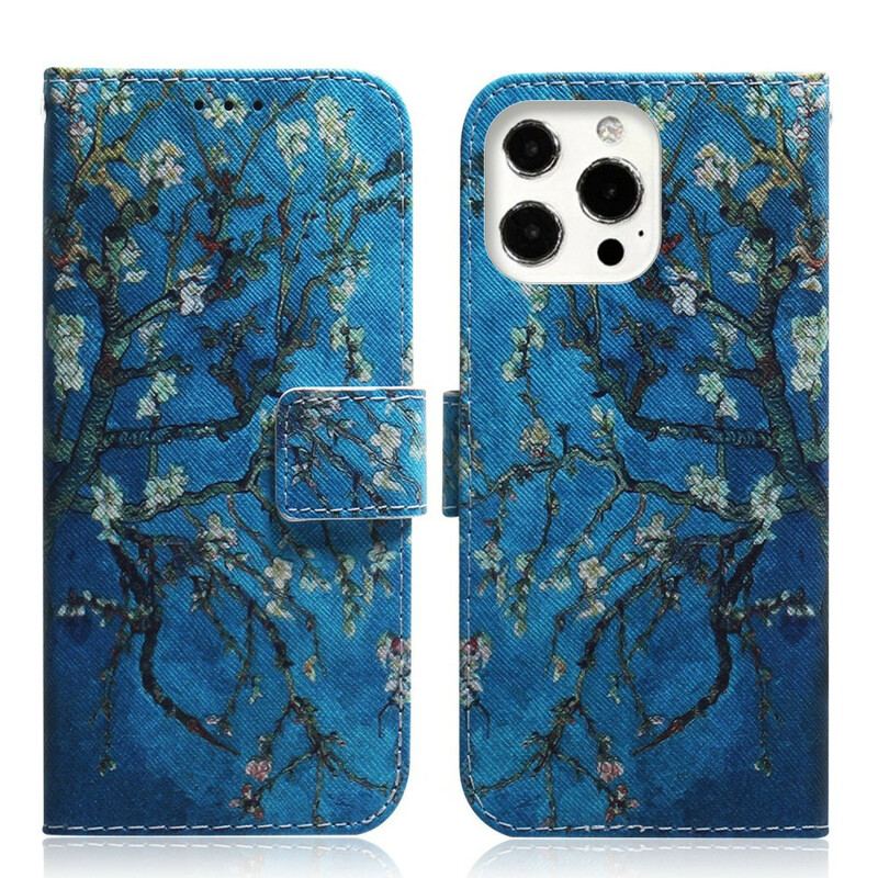 Capa Em Pele Para iPhone 13 Pro Max Ramo De Árvore Florido