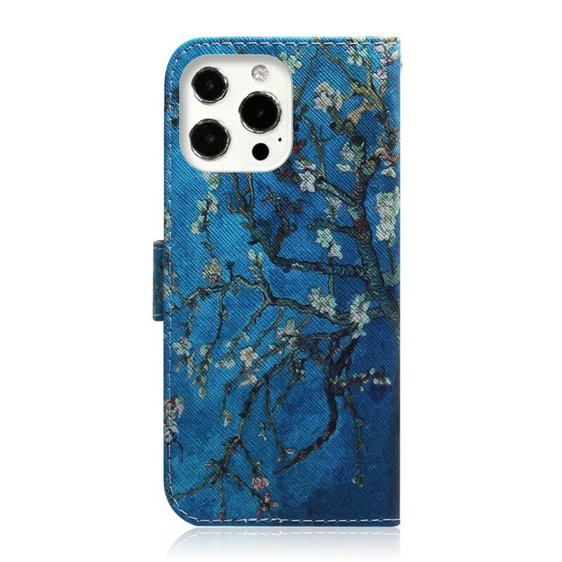 Capa Em Pele Para iPhone 13 Pro Max Ramo De Árvore Florido