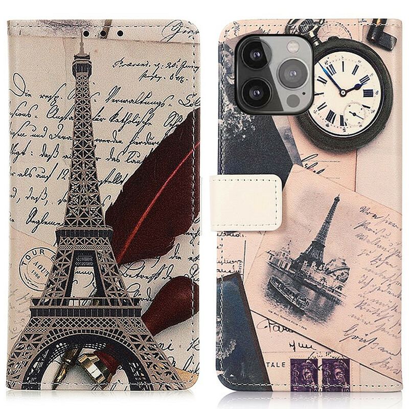 Capa Em Pele Para iPhone 13 Pro Max Torre Eiffel Do Poeta