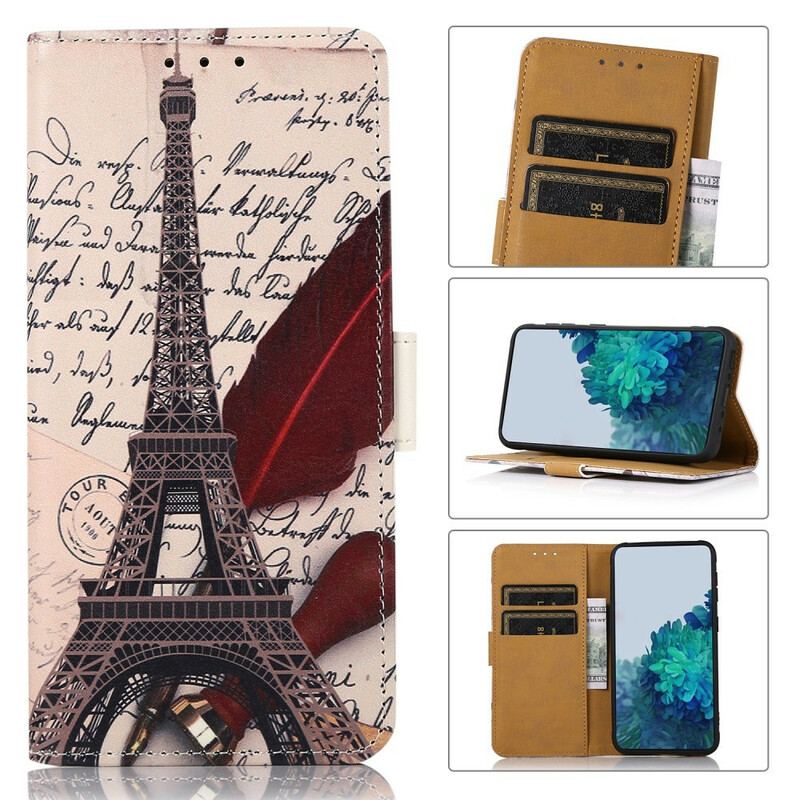 Capa Em Pele Para iPhone 13 Pro Max Torre Eiffel Do Poeta