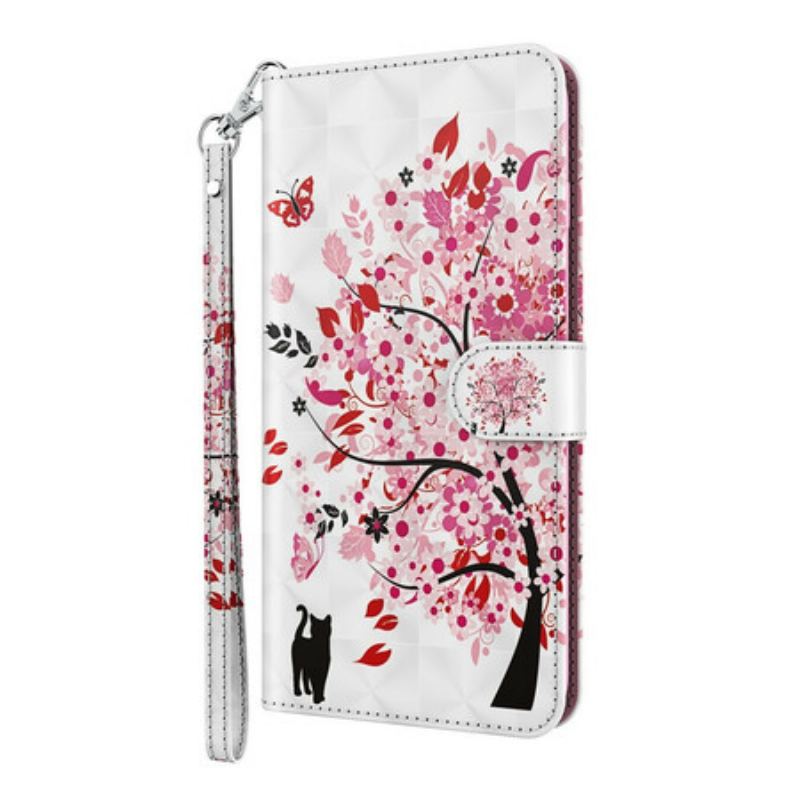 Capa Flip Para iPhone 13 Pro Max Árvore Rosa E Gato Preto