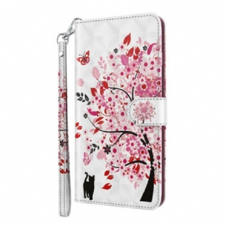 Capa Flip Para iPhone 13 Pro Max Árvore Rosa E Gato Preto