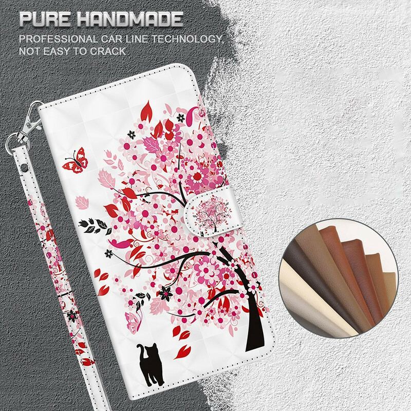 Capa Flip Para iPhone 13 Pro Max Árvore Rosa E Gato Preto