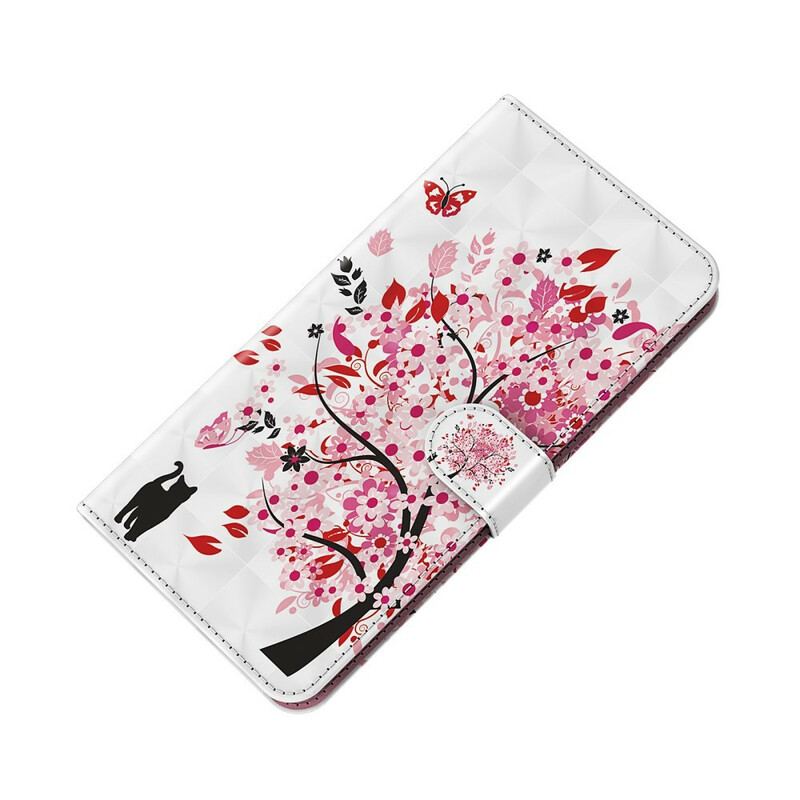 Capa Flip Para iPhone 13 Pro Max Árvore Rosa E Gato Preto