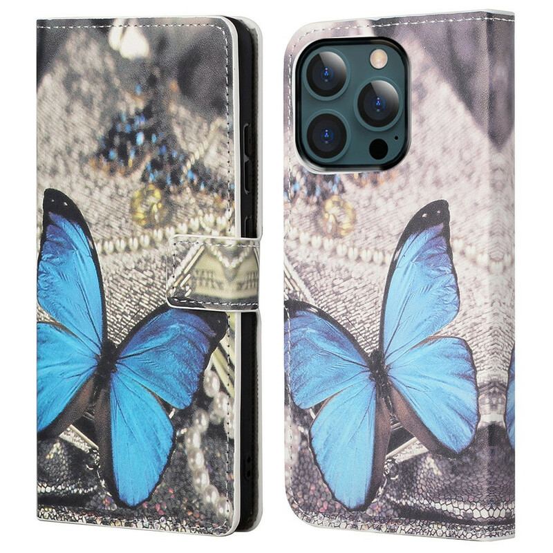 Capa Flip Para iPhone 13 Pro Max Borboleta Azul