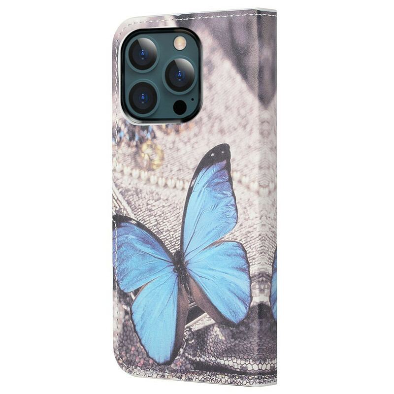 Capa Flip Para iPhone 13 Pro Max Borboleta Azul