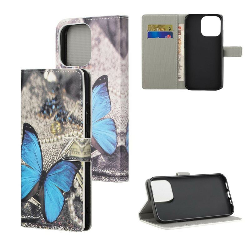 Capa Flip Para iPhone 13 Pro Max Borboleta Azul