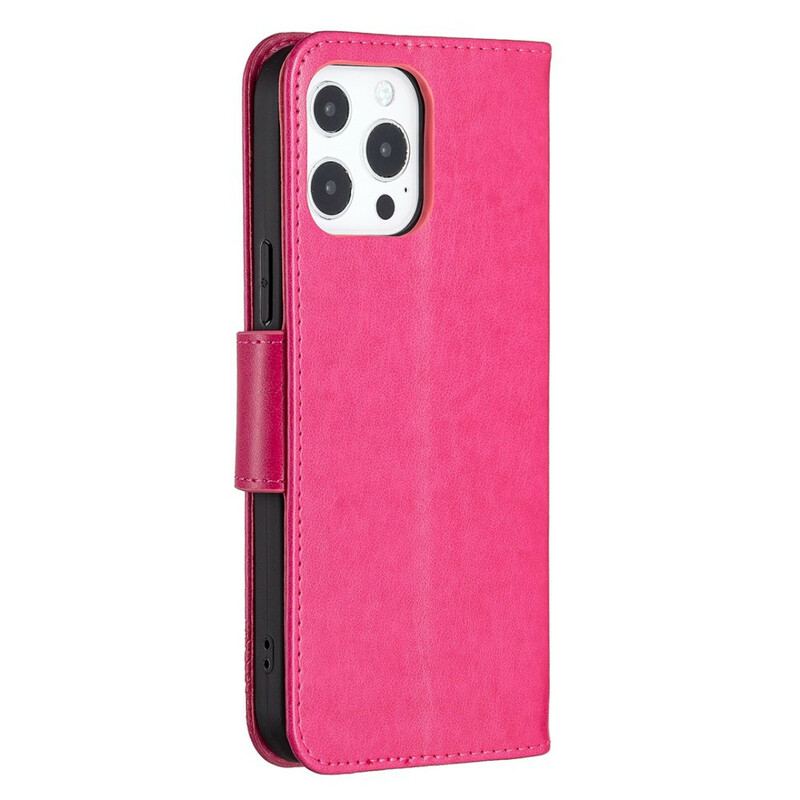 Capa Flip Para iPhone 13 Pro Max De Couro Borboletas E Aba Oblíqua