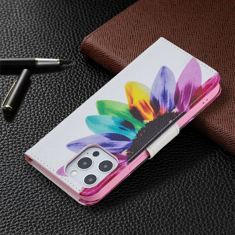 Capa Flip Para iPhone 13 Pro Max Flor Aquarela