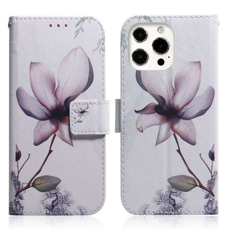 Capa Flip Para iPhone 13 Pro Max Flor Rosa Empoeirado