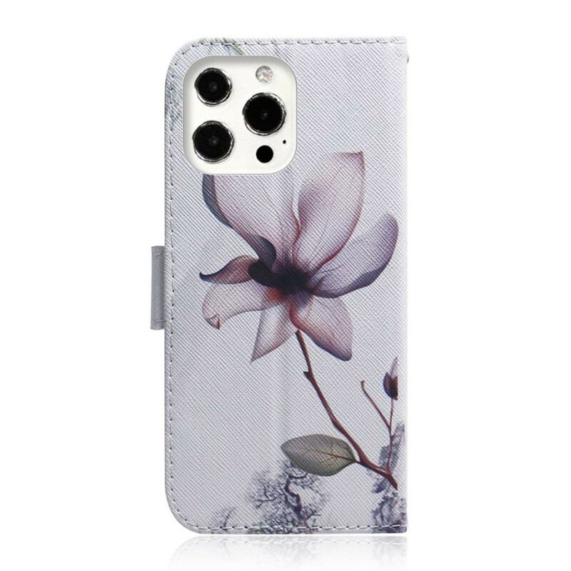 Capa Flip Para iPhone 13 Pro Max Flor Rosa Empoeirado