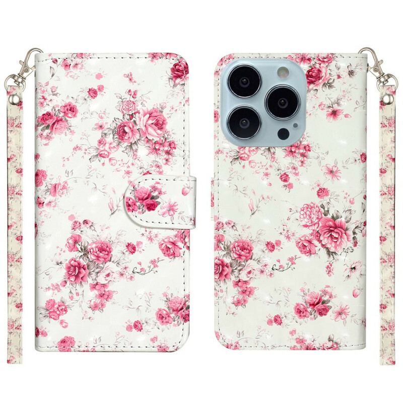 Capa Folio Para iPhone 13 Pro Max De Cordão Strap Light Spot Flowers