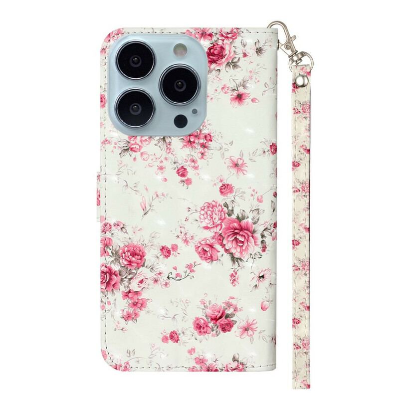 Capa Folio Para iPhone 13 Pro Max De Cordão Strap Light Spot Flowers