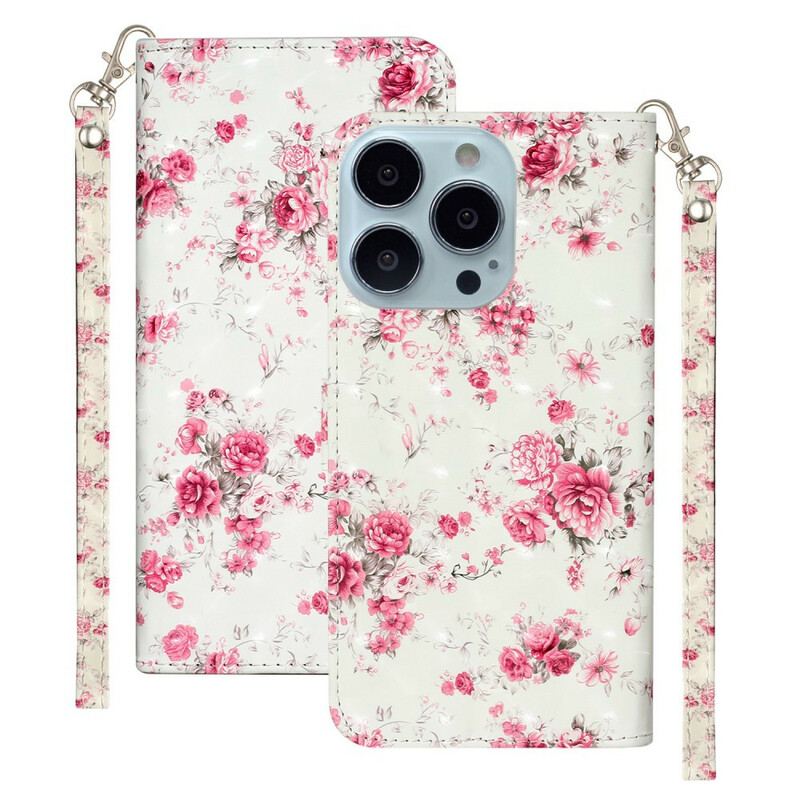 Capa Folio Para iPhone 13 Pro Max De Cordão Strap Light Spot Flowers