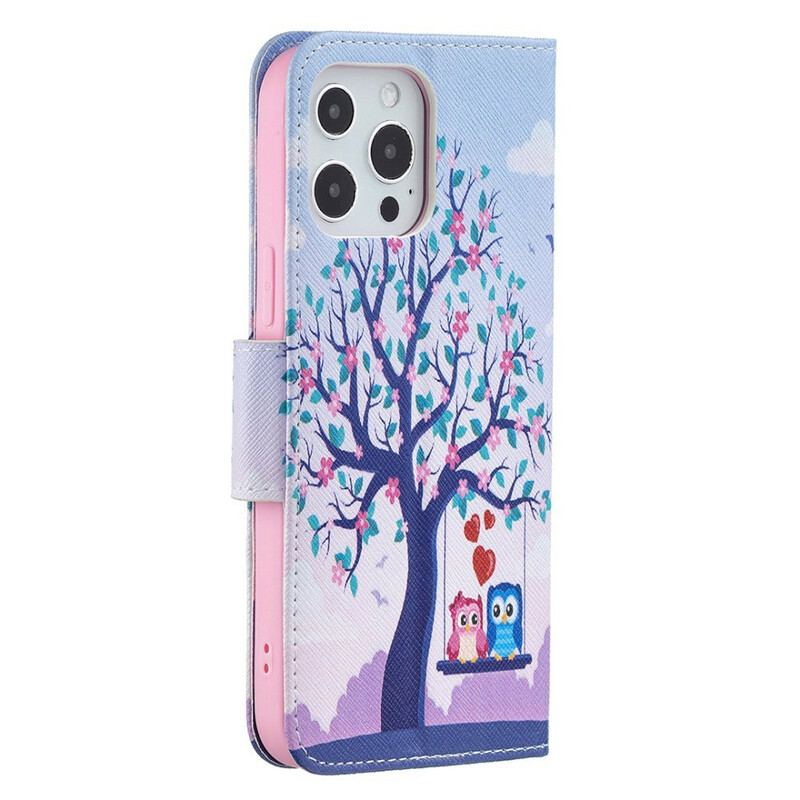 Capa Folio Para iPhone 13 Pro Max Corujas No Balanço