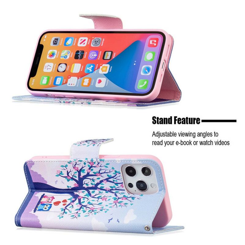 Capa Folio Para iPhone 13 Pro Max Corujas No Balanço