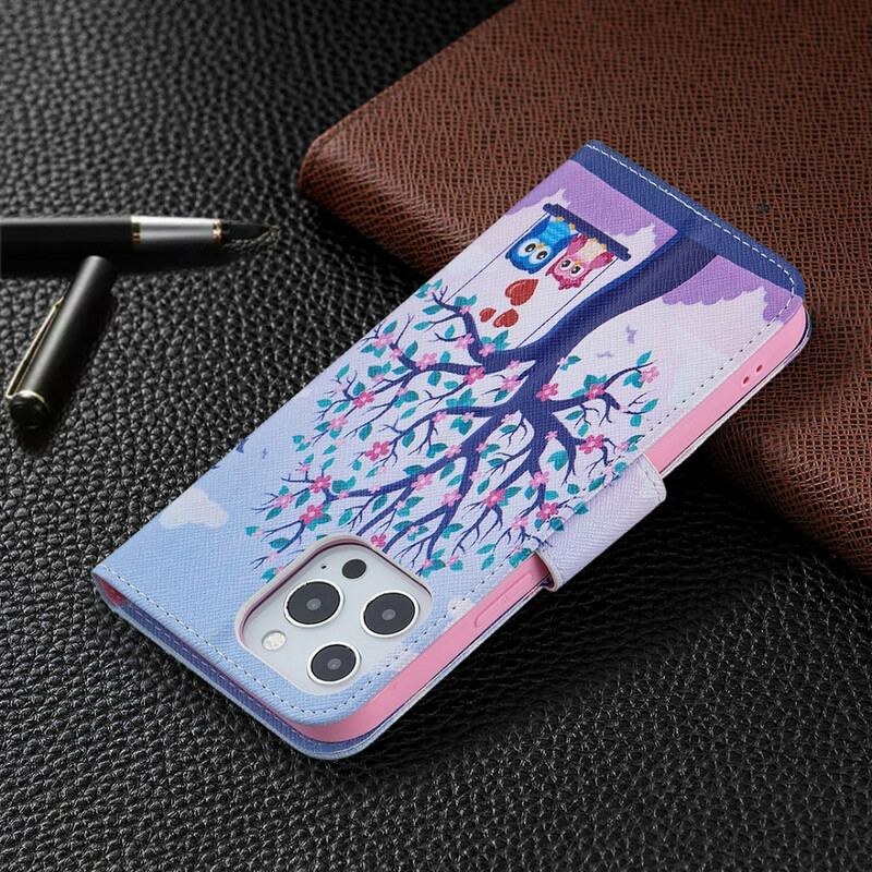 Capa Folio Para iPhone 13 Pro Max Corujas No Balanço