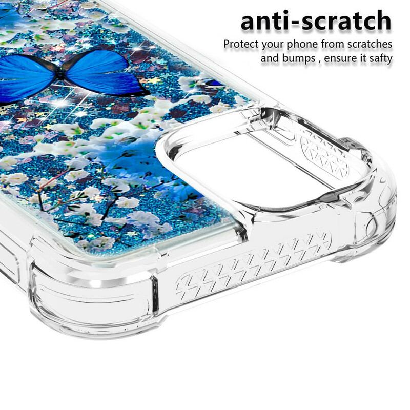 Capa Para iPhone 13 Pro Max Borboletas Azuis Brilhantes