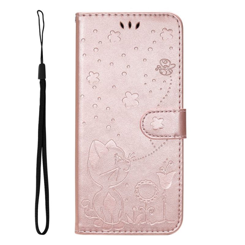 Capa De Couro Para Oppo Find X5 Lite De Cordão Gatos E Abelhas Tangas