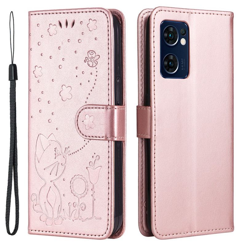 Capa De Couro Para Oppo Find X5 Lite De Cordão Gatos E Abelhas Tangas