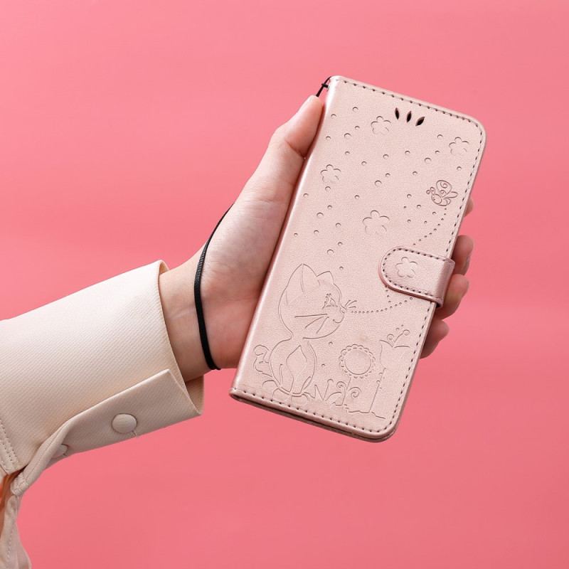 Capa De Couro Para Oppo Find X5 Lite De Cordão Gatos E Abelhas Tangas