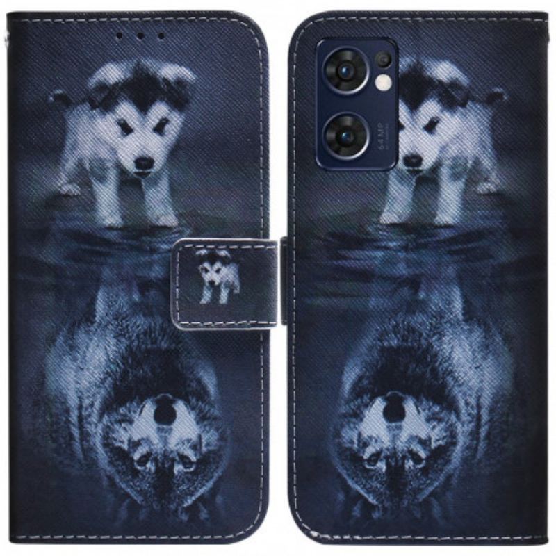 Capa De Couro Para Oppo Find X5 Lite Reflexo De Cachorro