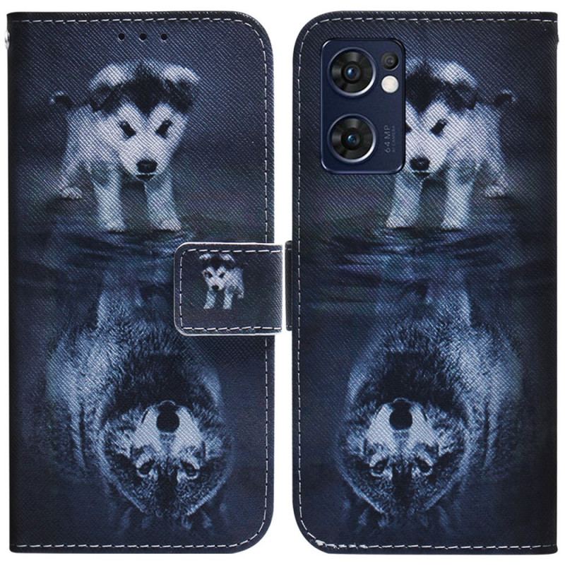 Capa De Couro Para Oppo Find X5 Lite Reflexo De Cachorro