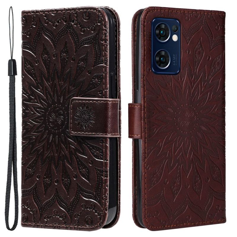 Capa Em Pele Para Oppo Find X5 Lite De Cordão Mandala Do Sol Strappy