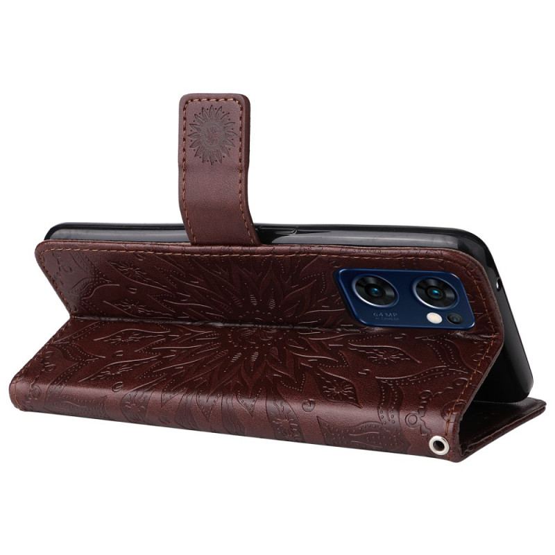 Capa Em Pele Para Oppo Find X5 Lite De Cordão Mandala Do Sol Strappy