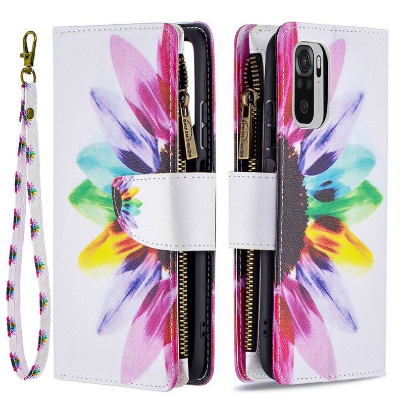 Capa De Couro Para Xiaomi Redmi Note 10 / 10S Bolso Com Zíper Flor