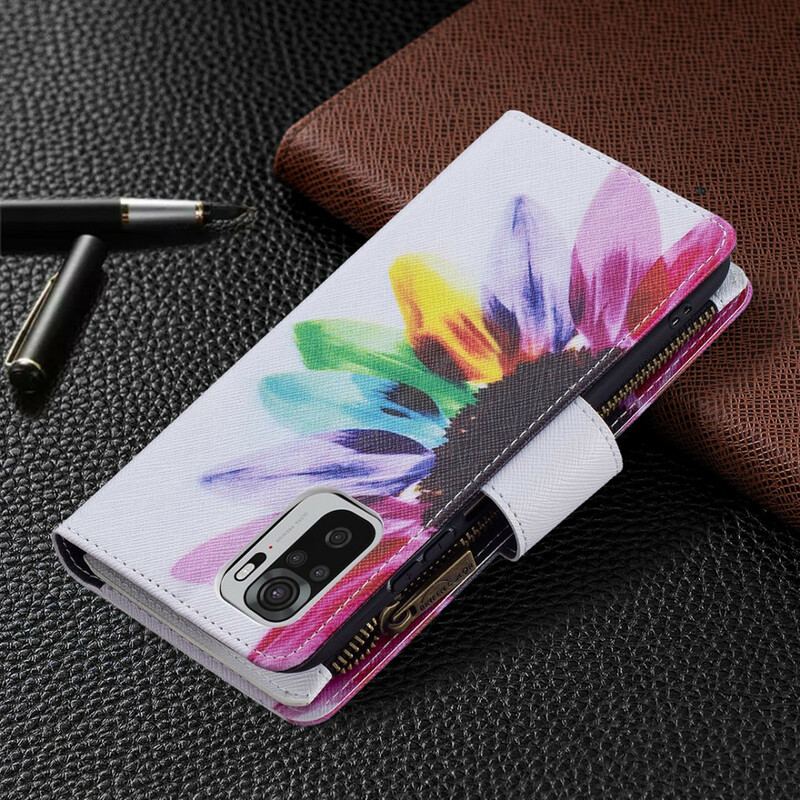 Capa De Couro Para Xiaomi Redmi Note 10 / 10S Bolso Com Zíper Flor