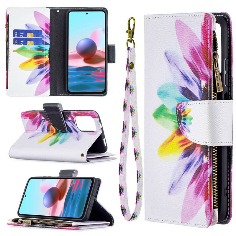 Capa De Couro Para Xiaomi Redmi Note 10 / 10S Bolso Com Zíper Flor