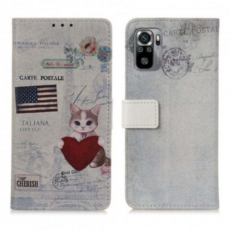 Capa De Couro Para Xiaomi Redmi Note 10 / 10S Gato Viajante