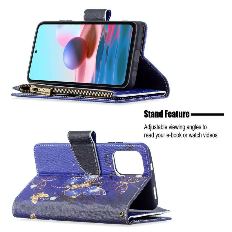 Capa Flip Para Xiaomi Redmi Note 10 / 10S Bolso Com Zíper De Borboletas