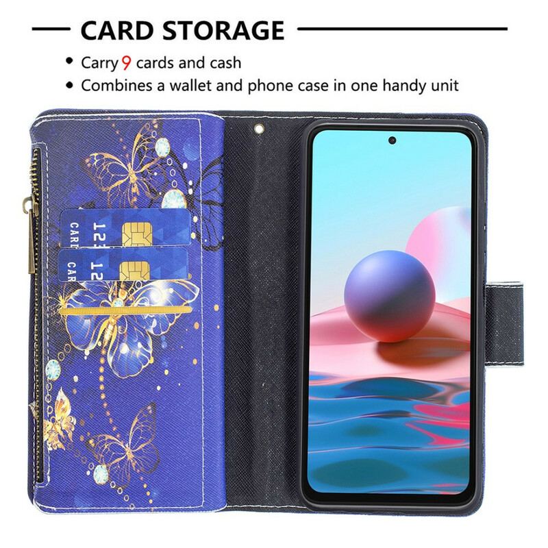 Capa Flip Para Xiaomi Redmi Note 10 / 10S Bolso Com Zíper De Borboletas