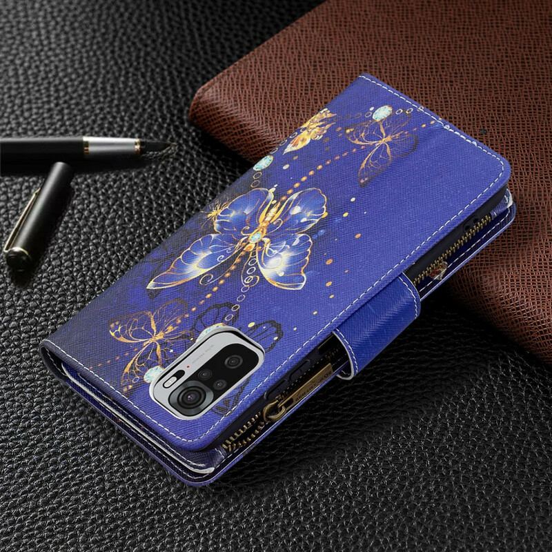 Capa Flip Para Xiaomi Redmi Note 10 / 10S Bolso Com Zíper De Borboletas