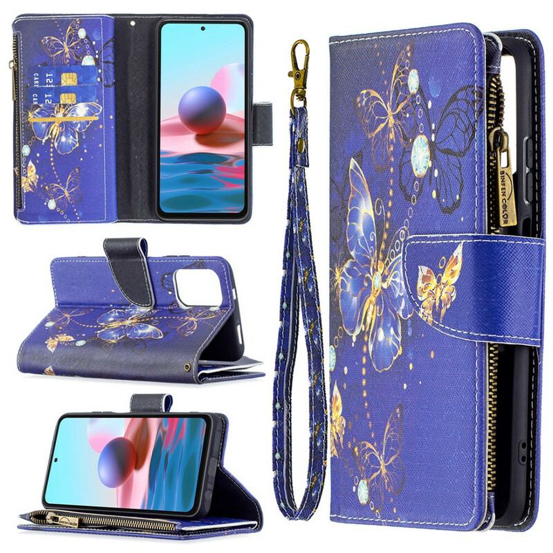 Capa Flip Para Xiaomi Redmi Note 10 / 10S Bolso Com Zíper De Borboletas