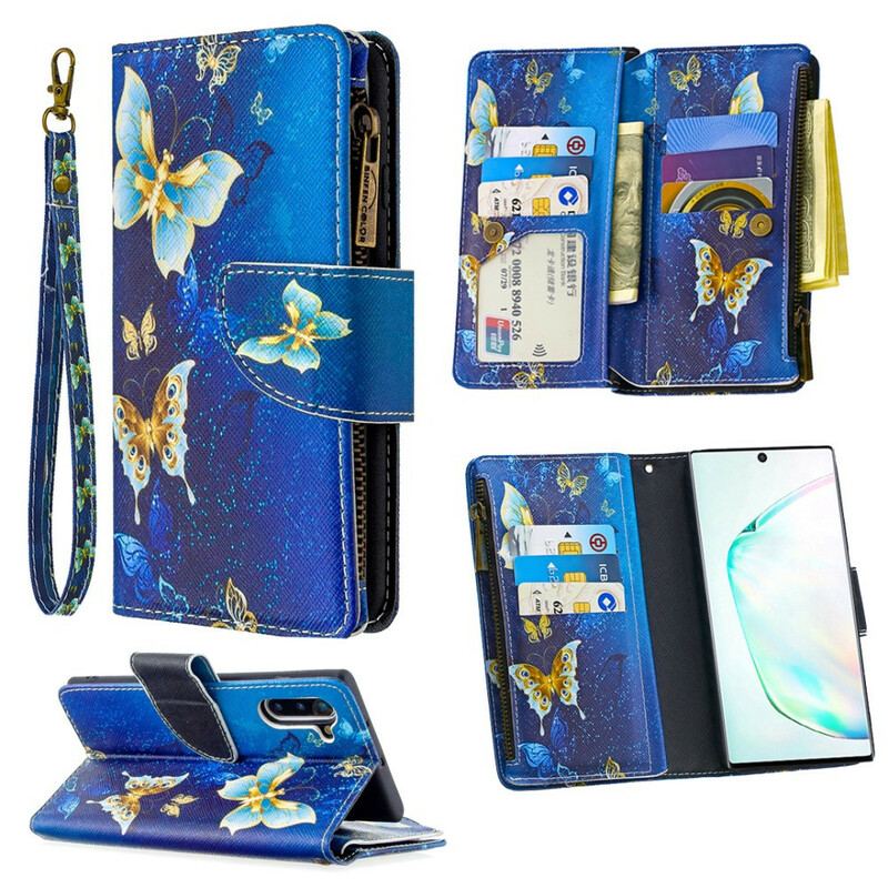 Capa De Couro Para Samsung Galaxy Note 10 Bolso Com Zíper De Borboletas