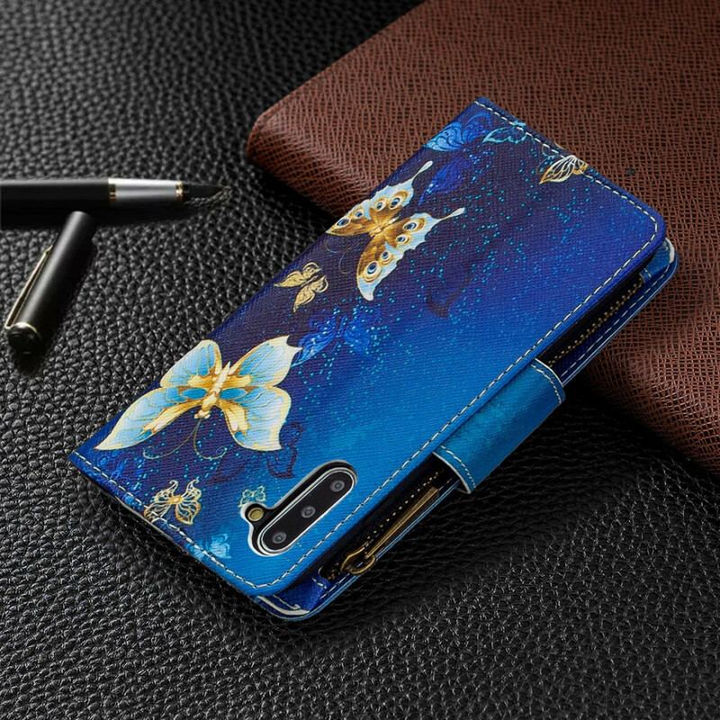 Capa De Couro Para Samsung Galaxy Note 10 Bolso Com Zíper De Borboletas