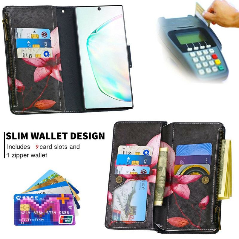 Capa Flip Para Samsung Galaxy Note 10 Bolso Com Zíper Flor