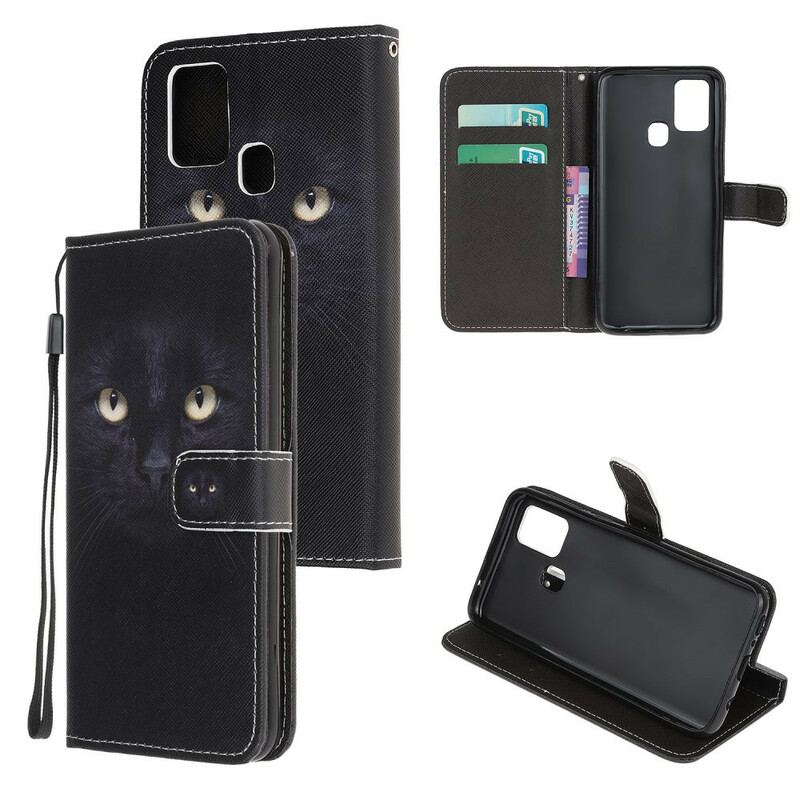 Capa Flip Para Samsung Galaxy M31 De Cordão Olhos De Gato Preto Com Tiras