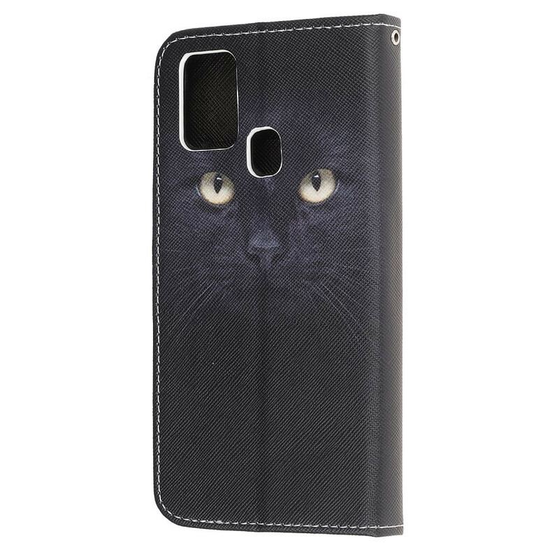 Capa Flip Para Samsung Galaxy M31 De Cordão Olhos De Gato Preto Com Tiras