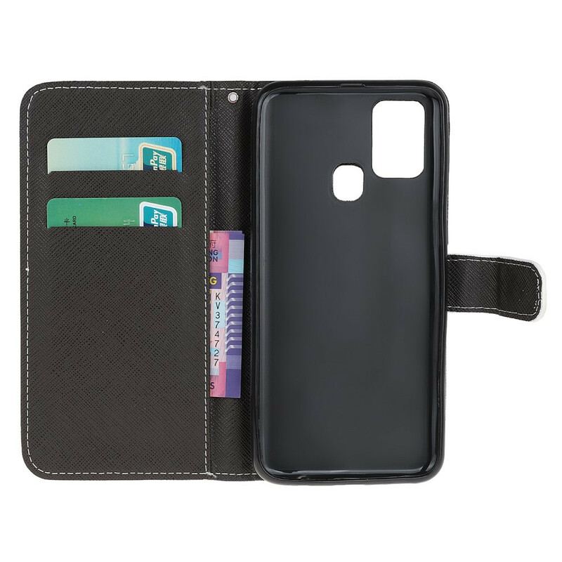 Capa Flip Para Samsung Galaxy M31 De Cordão Olhos De Gato Preto Com Tiras