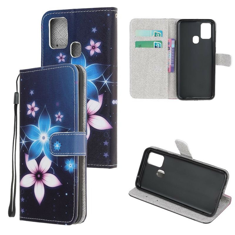 Capa Folio Para Samsung Galaxy M31 De Cordão Flores De Cinta Lunar