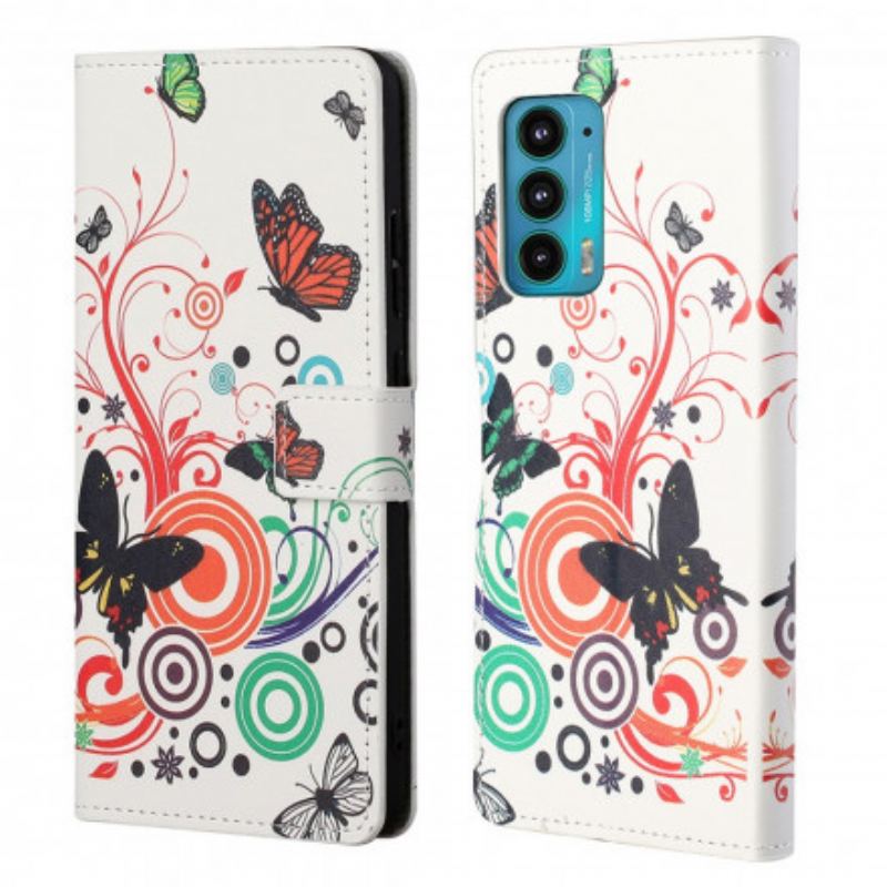 Capa Em Pele Para Motorola Edge 20 Borboletas E Flores