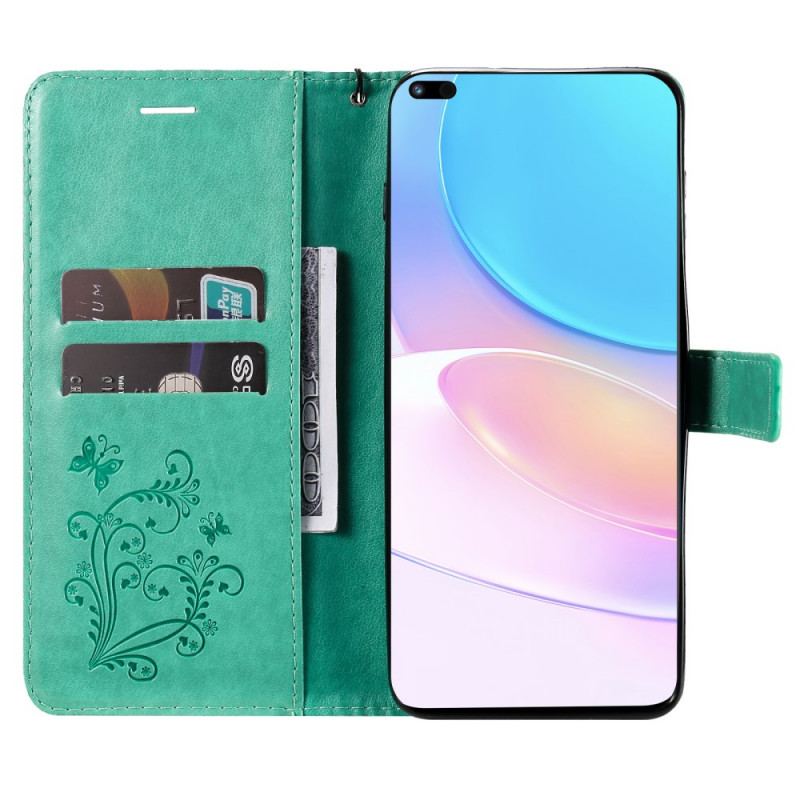 Capa Em Pele Para Huawei Nova 8i De Cordão Borboletas Gigantes