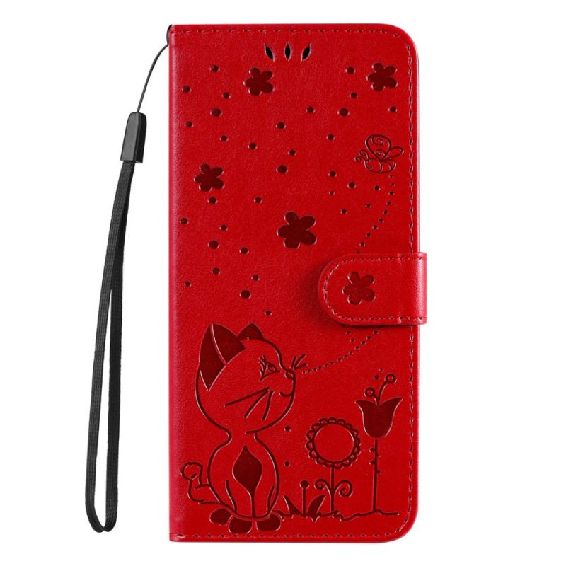 Capa Em Pele Para Huawei Nova 8i De Cordão Gato E Abelha Com Cordão