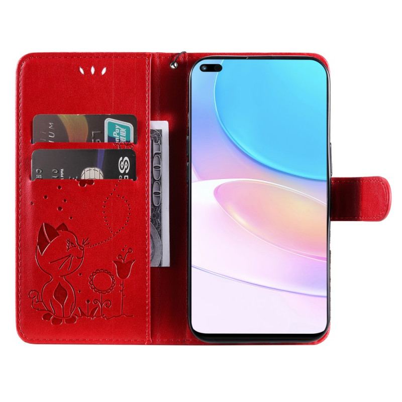 Capa Em Pele Para Huawei Nova 8i De Cordão Gato E Abelha Com Cordão